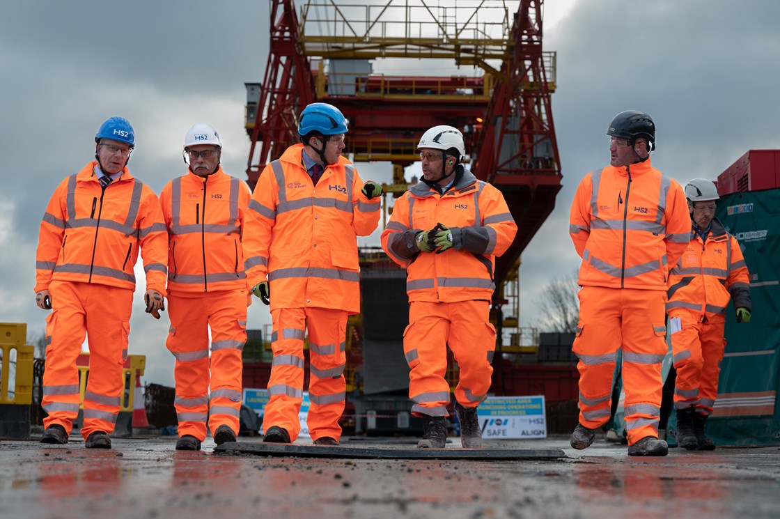HS2 minister, Huw Merriman, walks on top of the high speed railway’s first and longest viaduct-7: L-R: Alan Over, Director General High Speed Rail Group, DfT; Billy Ahluwalia, Senior Project Manger, HS2; Huw Merriman MP, Minister for Rail; Ludovic Vergne, Align JV; TBC, Align JV