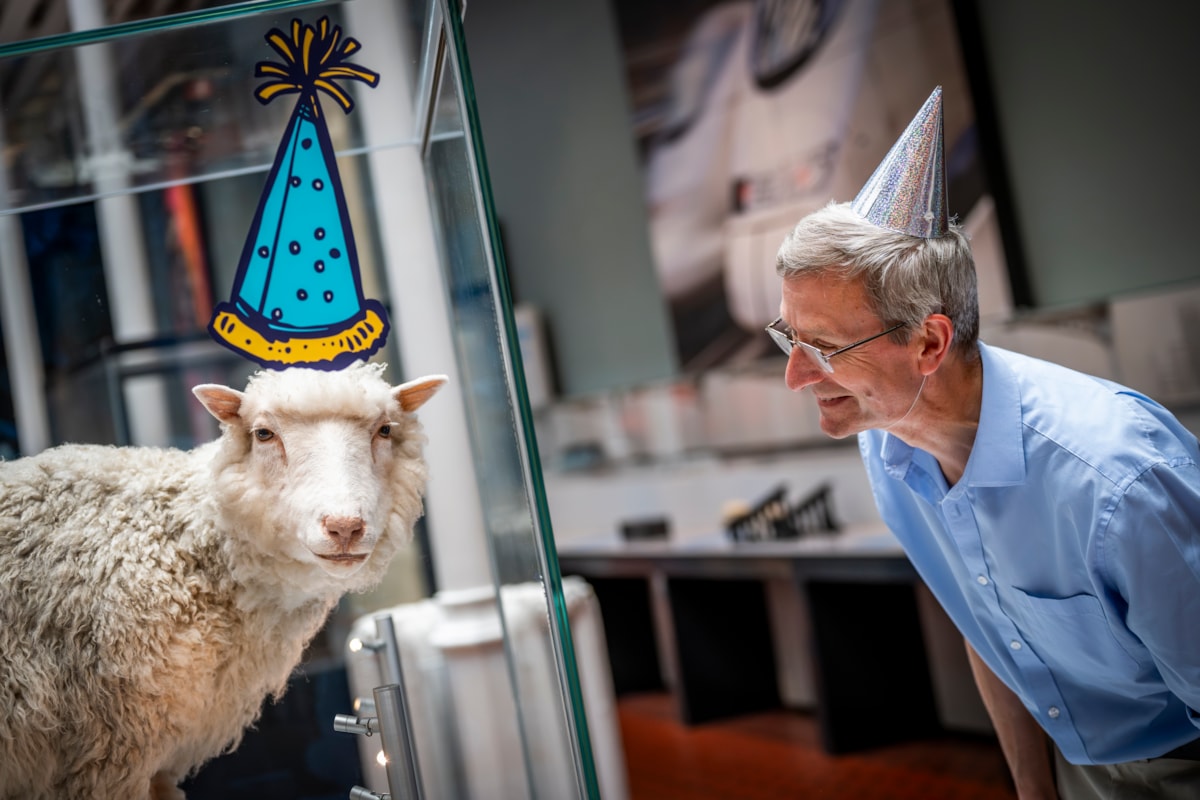 Professor Andrew Kitchener with Dolly the sheep. Image © Andy Catlin