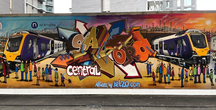 This image shows the completed mural at Salford Central