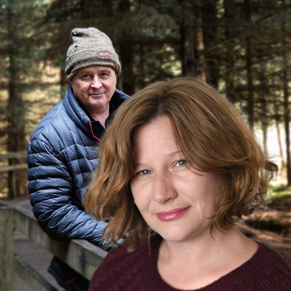 A photomontage of The Last Hillwalker author, John D. Burns and Connective Tissue novelist, Eleanor Thom.