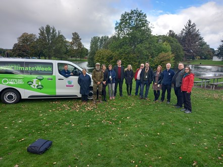 L-R: George Gunn – Climate Change (Moray Council); Fiona Thomson – Zero Carbon Moray; Cllr van der Horn; Kirsty Shand – Development Officer for Moray Gift Card (Moray Council); Lindsey Jackson – Energy team (Moray Council); David Hayden – Principal Librarian (Moray Council); Janet MacDonald – Sustai