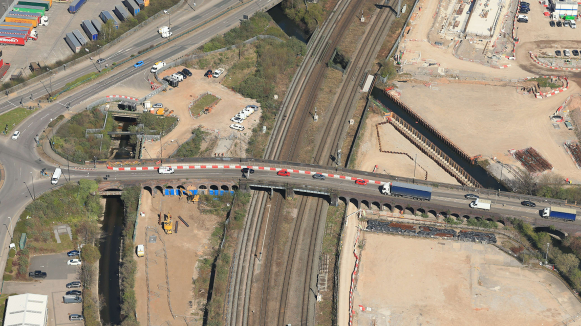 An aerial view of Saltley viaduct in Birmingham