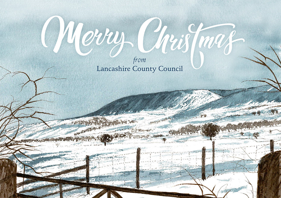 Painting of a wintry Lancashire scene. Merry Christmas from Lancashire County Council.