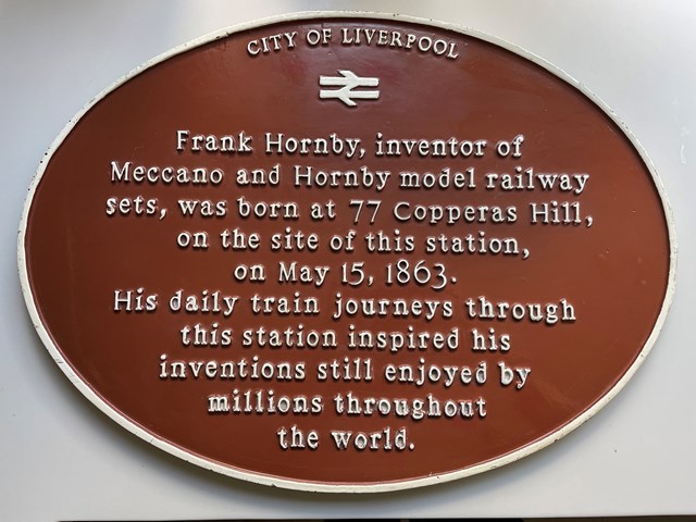 Close up of text on original Frank Hornby birthplace plaque: Close up of text on original Frank Hornby birthplace plaque