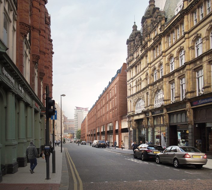 Hotel 2: A computer-generated image showing the proposed hotel on George Street, looking west to east.