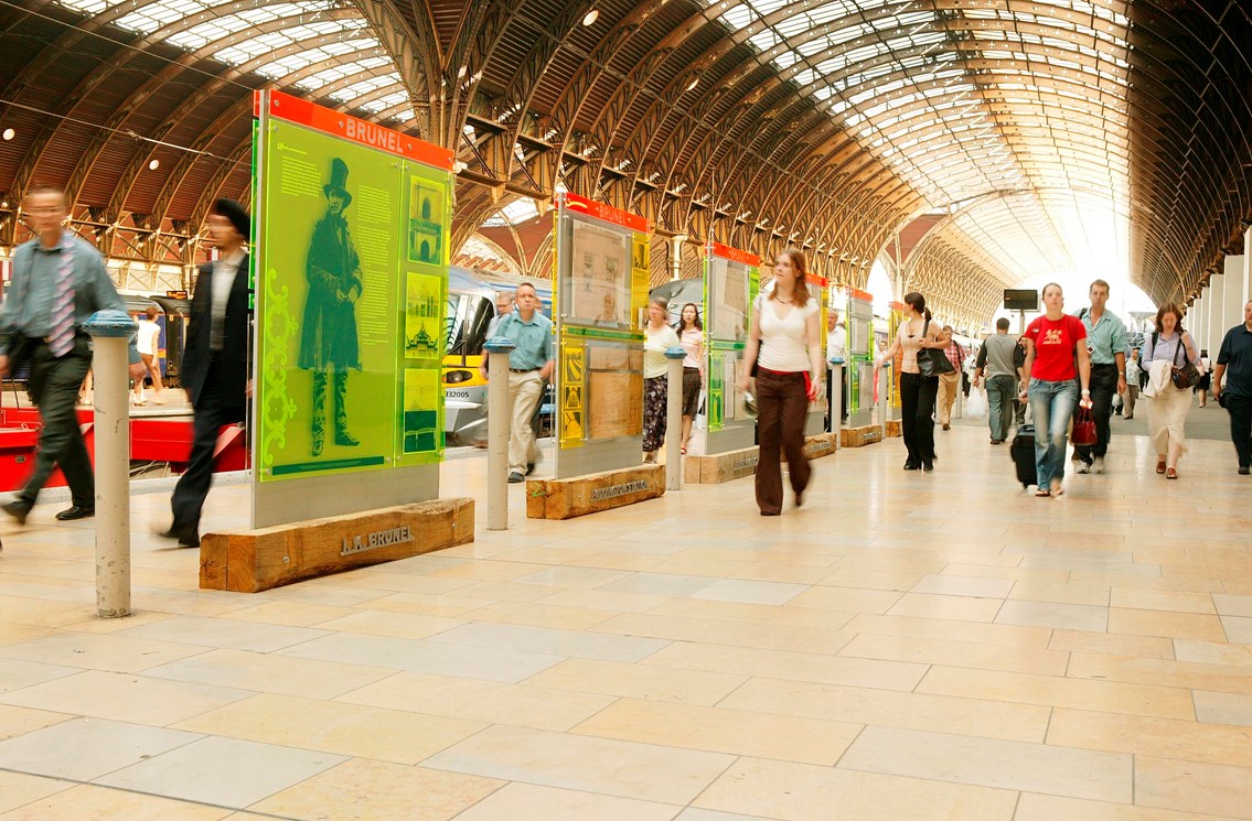 Information stands from Network Rail's Discover the Legacy exhibition: Network Rail's 'Discover the Legacy' exhibition at Paddington railway station.