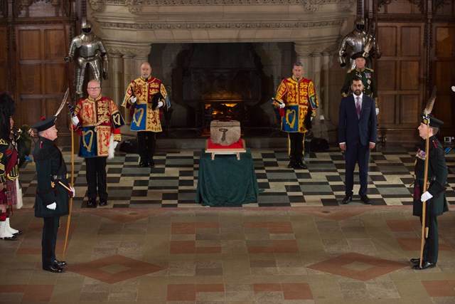 The ceremonial procession to mark the departure of the Stone of Destiny from the Great Hall at Edinburgh Castle