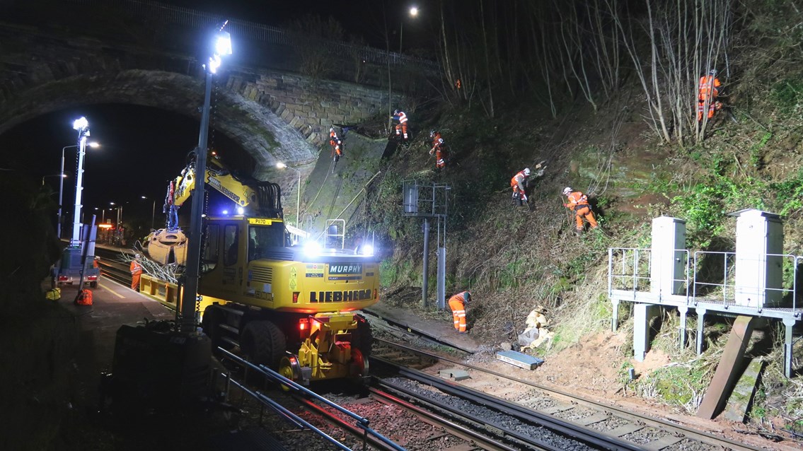 Abseiling rail workers reach new heights to keep passengers on the move: Ormskirk railway cutting work 3