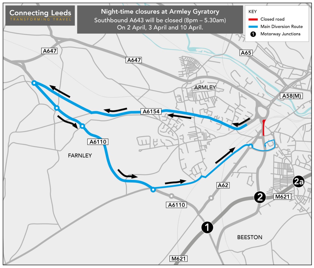 Gelderd Bridge diversion map April 2024-2