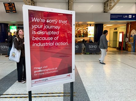 Greater Anglia sign apologising for strikes at Liverpool Street station