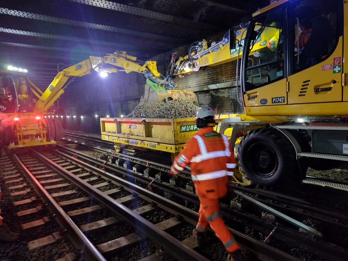Track foundation stone AKA ballast being renewed during December 2022 upgrades on London Overground and Bakerloo lines