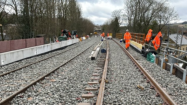 Track view on top of new bridge deck at Buxton Road Whaley Bridge Feb 2023: Track view on top of new bridge deck at Buxton Road Whaley Bridge Feb 2023