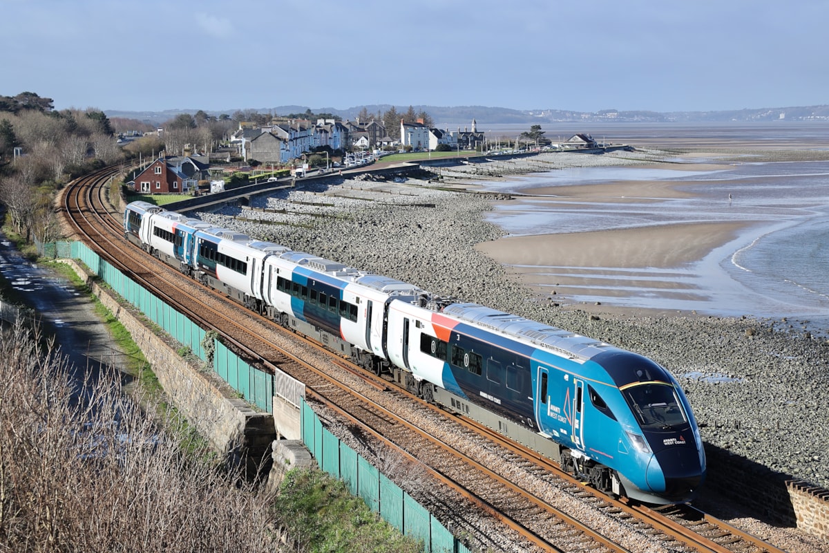 One of the new trains in Avanti West Coast's Evero fleet going through Llanfairfechan.