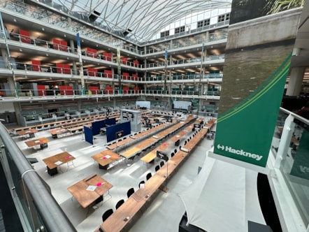 Hackney Service Centre, one of the buildings earmarked for a heat pump, when it was set up for this year's election count