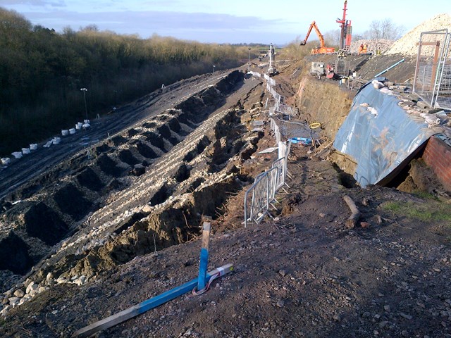 Landslip at Harbury tunnel - close up (3): View from the crest of the slope. This section has dropped 4m