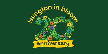 A graphic, with text reading "Islington in Bloom 20th anniversary". The "20" is spelled out in flowers and leaves.