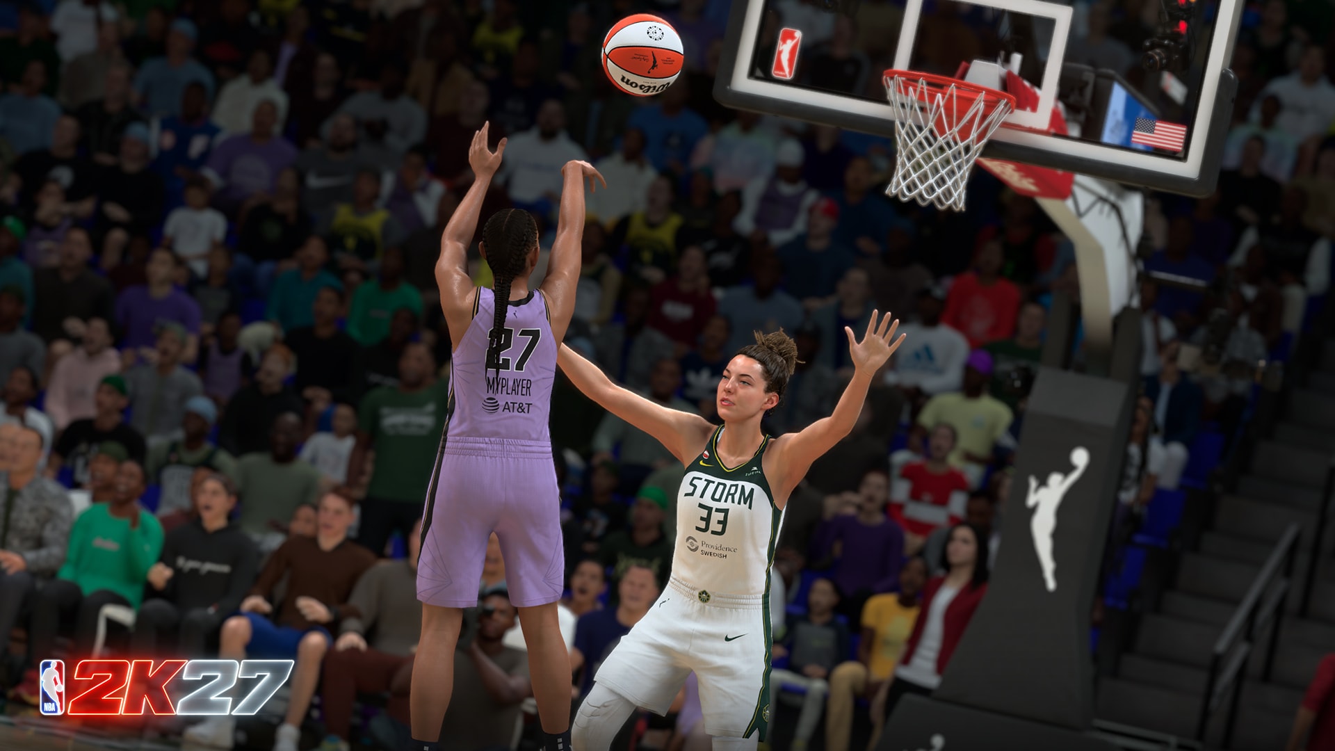NBA 2K27 screenshot of a MyPLAYER shooting a jump shot while a Seattle Storm defender contests