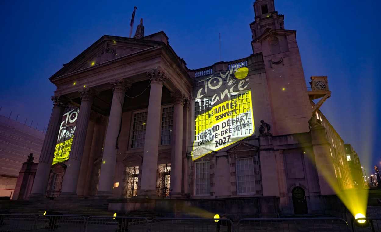 TDF Event 7: A projection onto Leeds Civic Hall that formed part of the announcement event for the Grand Départs of the 2027 Tour de France and Tour de France Femmes avec Zwift.