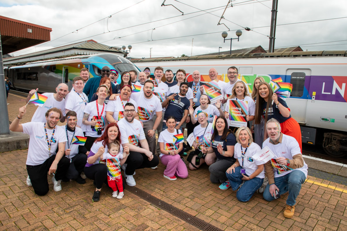 TPE, LNER, and Transpennine Route Upgrade (TRU) colleagues pictured in front of Unity Together ahead of York Pride 2024. Photo credits Jason Lock.