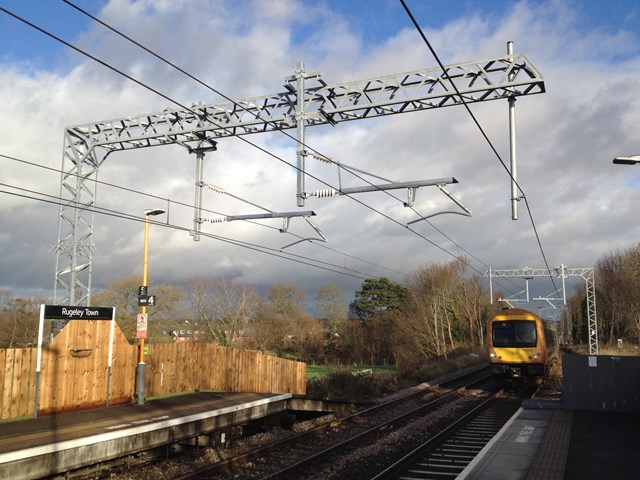 Walsall-Rugeley Electrification:  Completed overhead line steel work and cables