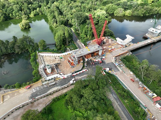 Colne Valley Viaduct over Moorhall Road 6: Work has been completed on a key 40 metre span over Moorhall Road, Harefield, that will form part of HS2's record-breaking Colne Valley Viaduct - the longest rail bridge in the UK.
