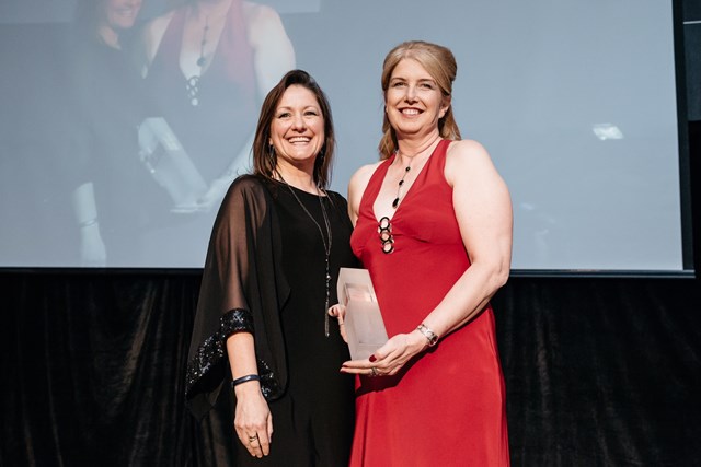 Head of design at Birmingham New Street station takes home top gongs at European awards ceremony: Carol Stitchman receiving her award from Katy Dowding of Skanska - Copy