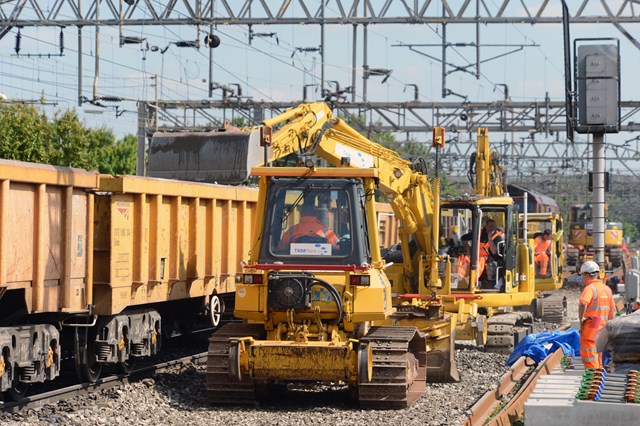West Coast main line reopens but passengers urged to check before they travel ahead of further closures in August: Work taking place on the West Coast main line at Watford in May 2014