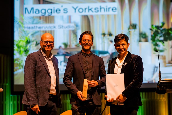 Winner: The Heatherwick Studio team celebrates the success of Maggie's Yorkshire Centre at the Leeds Architecture Awards. Credit: Paul and Tim Photographers.