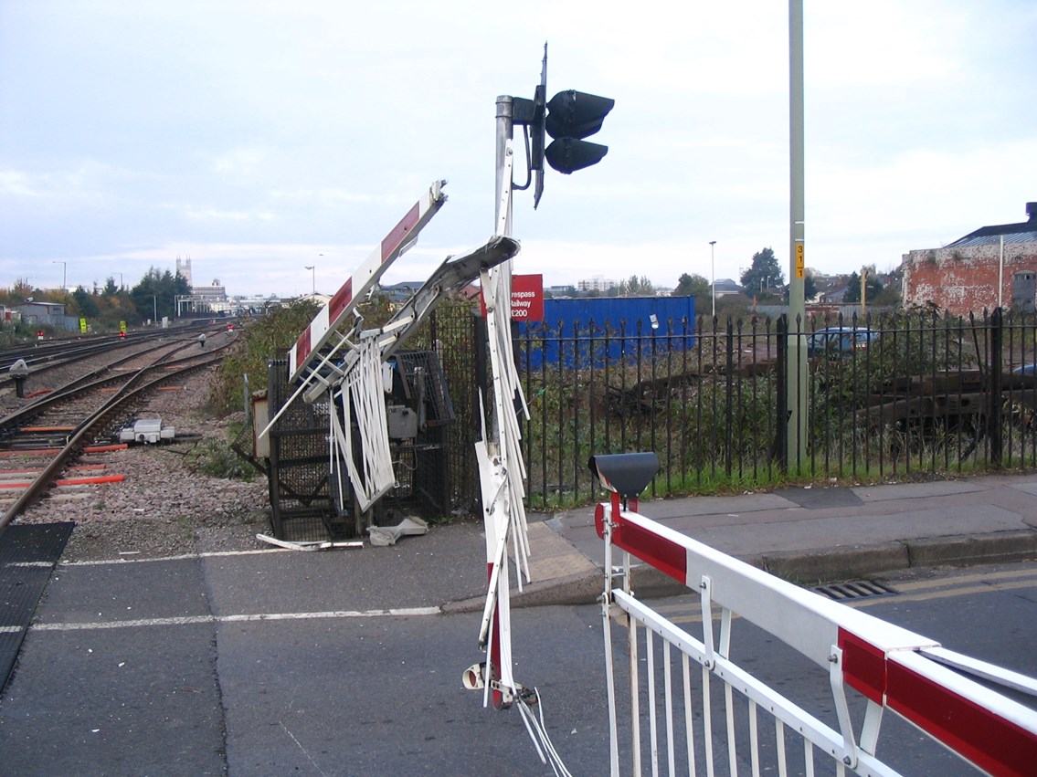 An incident that happened on Sat, 1 November at a level crossing in Gloucester.: Level crossing damaged by motorist