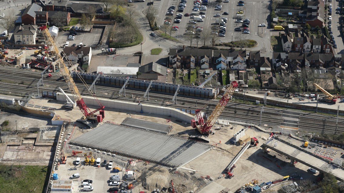 Huge leap over West Coast main line for East West Rail: Aerial shot showing precast concrete girders in place for Bletchley flyover rebuild - Credit Network Rail Air Operations