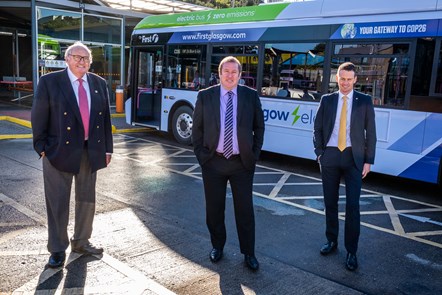 (L to R) SPT Chair of Operations Committee, Councillor David Wilson, Transport Minister, Graeme Dey MSP and Duncan Cameron, Managing Director for First Bus in Scotland.