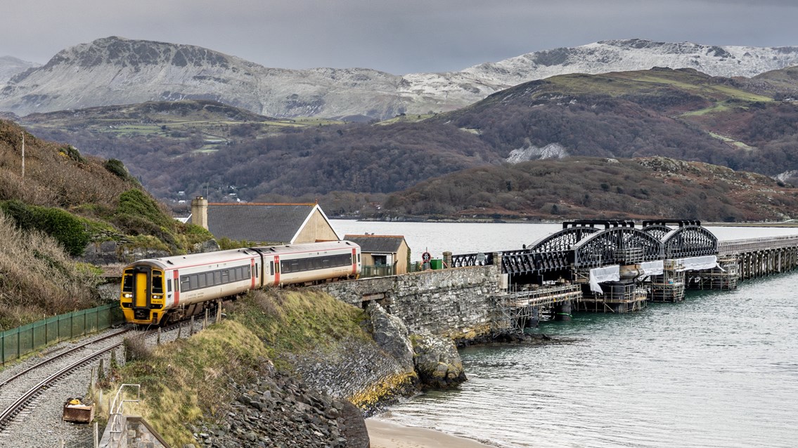 A train crossing Barmouth Viaduct, December 2023