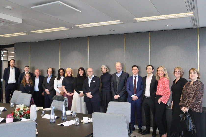 Jenny Herrera, CEO, Good Business Charter, Jason Towse, Managing Director Business Services, Mitie and Rt Hon. Liam Byrne MP, Chair, Business and Trade Select Committee, pictured with the attendees of the Good Business Charter accreditation launch breakfast reception