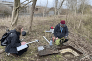Martin Smith and Polly Walters collecting water samples form the Keep balancing pond.: Martin Smith and Polly Walters collecting water samples form the Keep balancing pond.