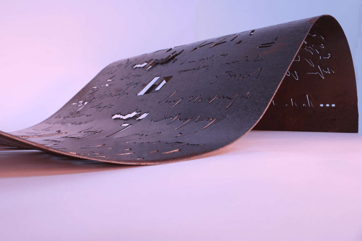Accelerator Bursary: The work of Elrick Boldy (Leeds Arts University) explores the limits of communication through asemic writing – drawings symbolic of writing are rendered using plasma-cut steel, which is formed into curves and waves, then treated with rust-adjacent patina.