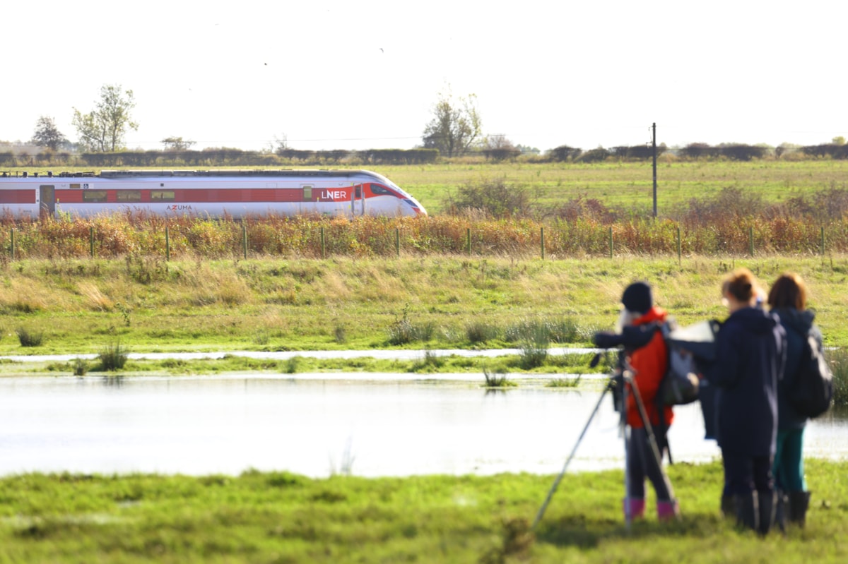 LNER AZUMA PASSING DURHAM WILDLIFE TRUST SITE RICKNALL CARRS