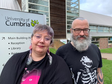 (l-r) University of Cumbria GameJam 2023: Senior lecturer in Game Design Nimue Von-Lind with award-winning game industry professional and judging panel member Dr Ian Sturrock