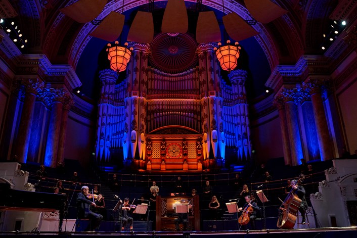 Live music lives on at Leeds Town Hall during the 2020 pandemic: Musicians from the Orchestra and Chorus of Opera North in Leeds Town Hall, Switch ON Season Launch, September 2020 credit Justin Slee 