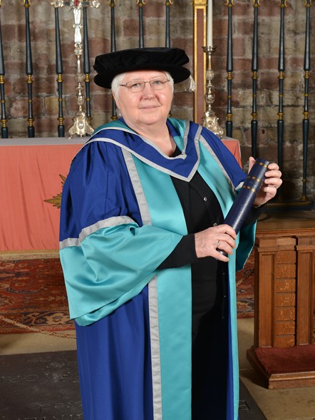 Professor Kath McCourt CBE FRCN, Honorary Doctorate, University of Cumbria, pictured at the Border Regiment Chapel of Carlisle Cathedral, 23 November 2022
PHOTO: University of Cumbria/Ede & Ravenscroft