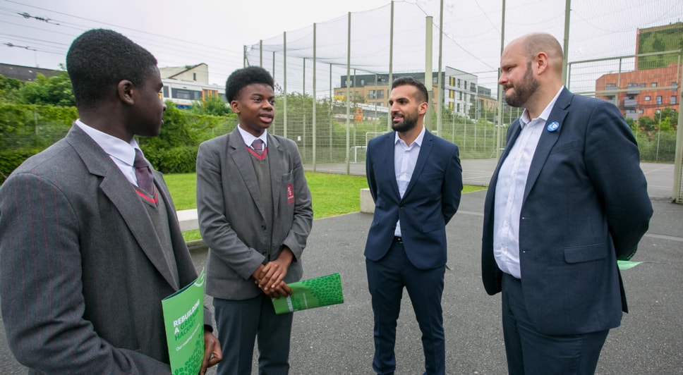 Mayor of Hackney Philip Glanville and Cllr Mete Coban with students at Cardinal Pole High School