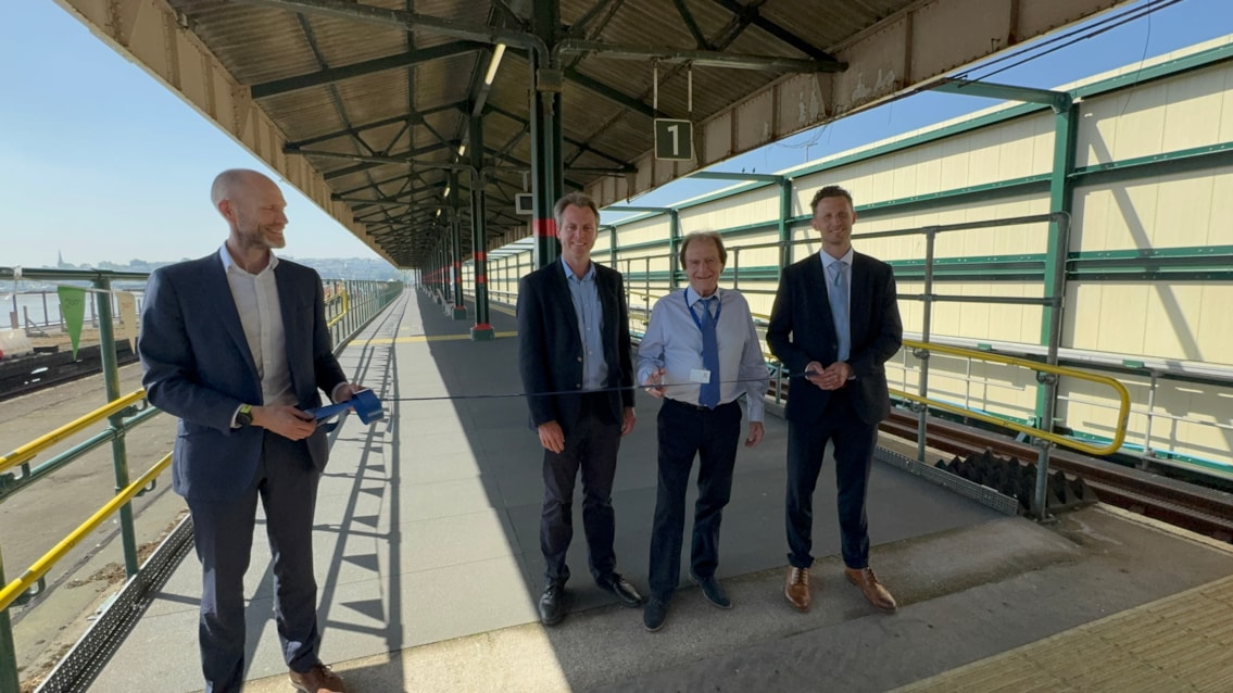 Ribbon cutting by Cllr Phil Jordan with Joe Roberton MP next to him. Neil Drury (SWR Engineering and Infrastructure Director) and George Murrell are holding ribbon