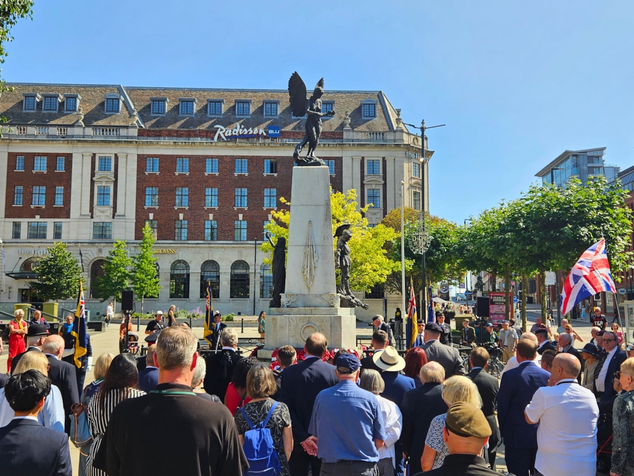 VJ DAY25 1: Civic leaders, veterans' representatives and members of the public gathered at the war memorial on Victoria Gardens for the service