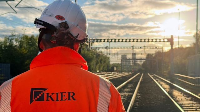 Kier worker looking at new Brewery Turnback siding in Manchester during October commissioning: Kier worker looking at new Brewery Turnback siding in Manchester during October commissioning