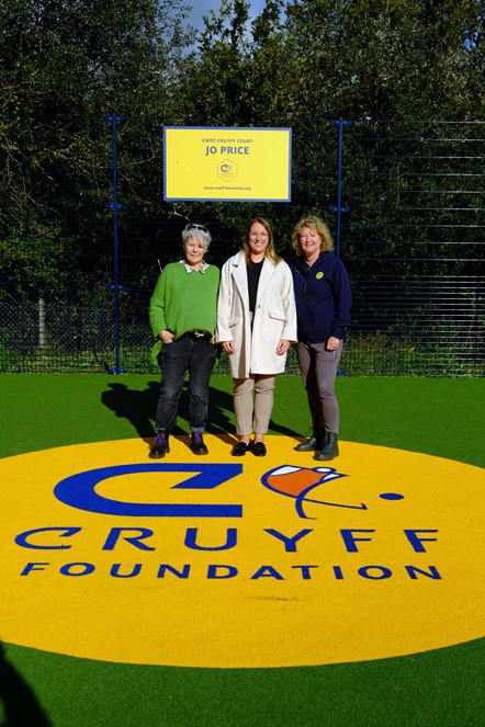 Cllr Anji Tinley, Jo Price and Miranda Van Holstein from the Cruyff Foundation on the new pitch