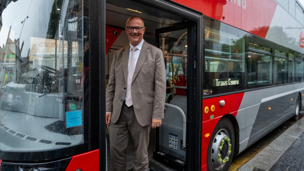 Deputy Minister for Transport Mark Hooper at the launch of 30 new TrawsCymru buses in Aberystwyth-10