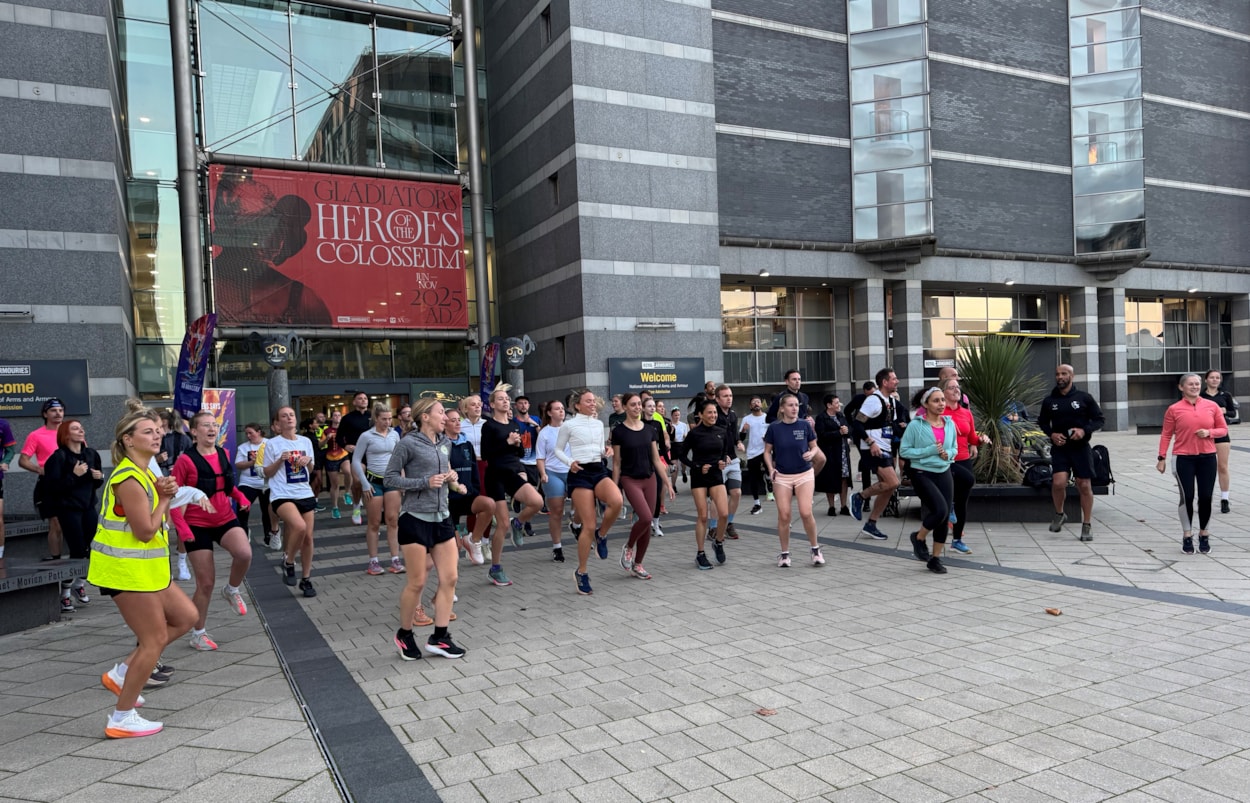 JogOn warm up: The runners warmed up before setting off on a 5k run through the city centre, to launch the JogOn campaign.