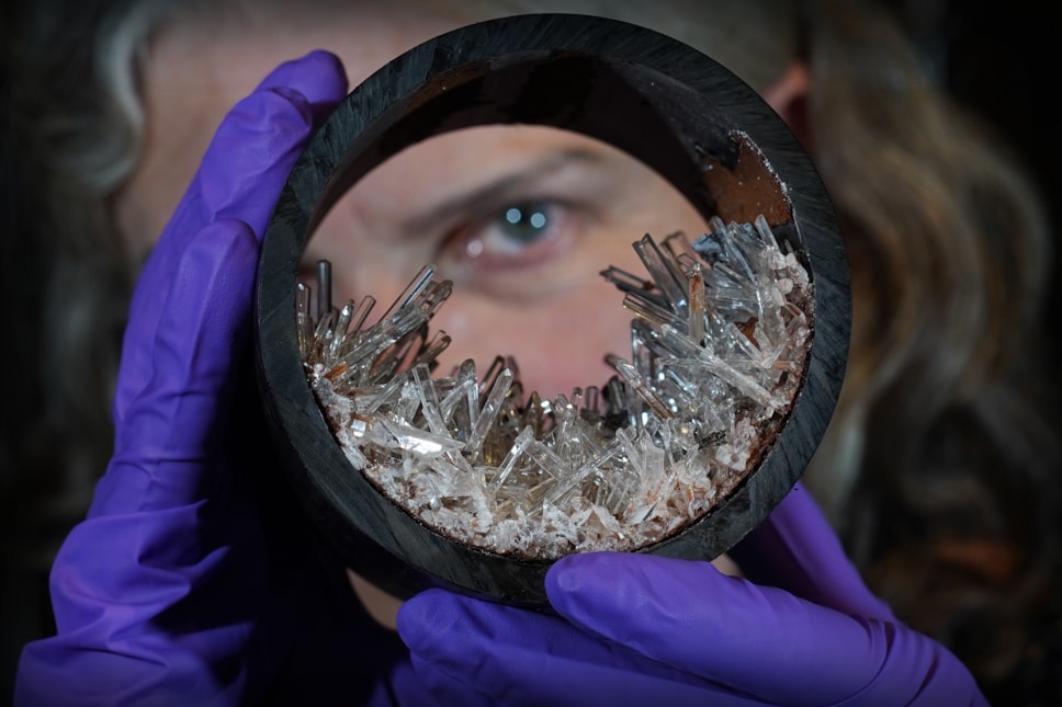 Dr Rachel Walcott, Principal Curator of Earth Systems, with a plastic pipe containing gypsum crystals, image copyright Stewart Attwood