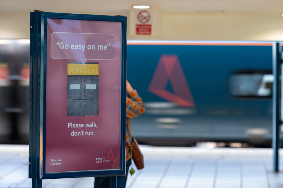 Avanti West Coast worked with behavioural science specialist, Richard Shotton, to create illustrations of elements of the station building that have a similar appearance to eyes and a mouth for a suite of posters and largescale artwork for its Take care. Get there. safety campaign.