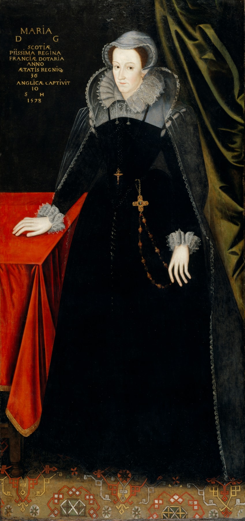 Detail from portrait of Mary, Queen of Scots (1542–1587). Reigned 1542 – 1567. Unknown artist. Oil on canvas, painted c.1610–1615. Courtesy of the National Galleries of Scotland. Purchased 1925.