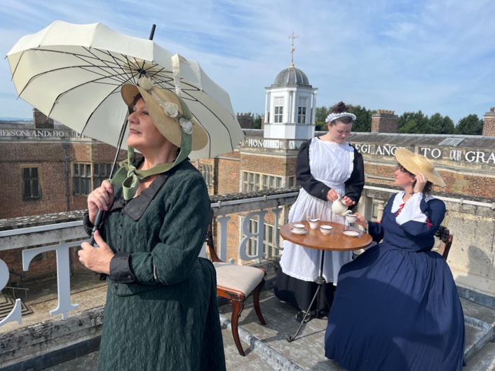 Rooftop tea at Temple Newsam: Members of the house team donned 19th century costumes and took to the rooftop to take tea in style, surrounded by breath-taking views of the sprawling estate.
They were launching a new programme of summer events, giving visitors a taste of what life was like for the generations of servants who lived and worked at Temple Newsam over hundreds of years.